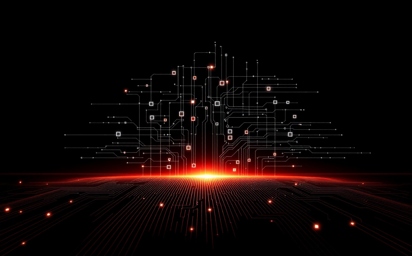 High-performance computing wireframe schematic on black — silver orthogonal node-graph with electric-red register markers and a faint red thermal glow in the lower-right